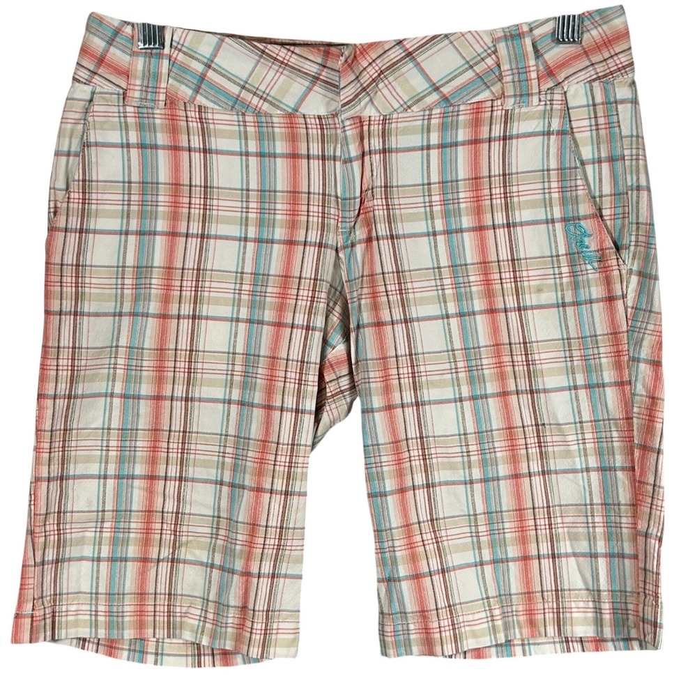 ONeill Womens Plaid Shorts Size 8 Coral Turquoise Tan Cotton Surf Beachwear